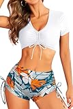 SHEKINI Damen-Bikini-Set mit hoher Taille, V-Ausschnitt, kurzärmelig,...