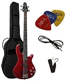 ELEKTROBASS - ROT TRANSPARENT - SET MIT TASCHE PIKS GURT KABEL - E-BASS...