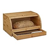 Relaxdays Rollbrotkasten mit Schublade, Bambus, aromadicht, Brotkasten mit...