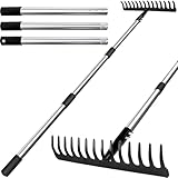 Harke Garten mit Stiel, Gartenrechen aus Metall mit 14 Zinken, Laubrechen...