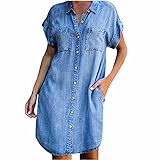 Jeanskleid für Damen Sommer Umlegekragen Kurzarm Hemdblusenkleid...