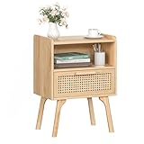 LELELINKY Nachttisch Rattan Boho, Kleiner Beistelltisch Holz mit Schublade...