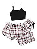 GORGLITTER Damen Schlafanzug 3er Set Cami Schlafanzug Plaid Pajamas Set...