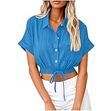 Oberteil Damen Sexy Crop Tops Leinenbluse Kurzarm Shirts Revers Blusenshirt...