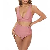 Bikini Damen Set High Waist Raffungen Bauchweg Zweiteiliger Badeanzug V...