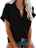 Friptspyg Bluse Damen Lässiges Kurzarm Hemdbluse Sommer V-Ausschnitt 100%...