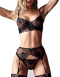 NewBull Sexy Dessous-Set für Damen, Straps-BH + Strumpfgürtel aus Spitze...