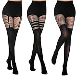 GIEEU 3 Paar schwarze Strumpfhosen, Netz- und gestreifte Modell, hohe...
