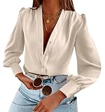 Imily Bela Damen Satin Bluse V-Ausschnitt Button-down Blusen Langarm...