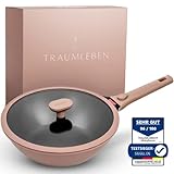 TRAUMLEBEN® Wokpfanne 28 cm mit Deckel, abnehmbarem Griff & Hitzeindikator...