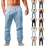 Leinenhose Herren Lang Baumwolle Leinen Hose Casual Strandhosen Elastische...
