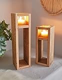 2X Windlicht-Säule Wood aus Holz & Glas, 30 + 40 cm hoch, Kerzenhalter,...