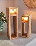 2X Windlicht-Säule Wood aus Holz & Glas, 30 + 40 cm hoch, Kerzenhalter aus...