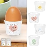 Cepewa Eierbecher 4er Set 4 Motive | Porzellan weiß 5x4cm | Halter für...