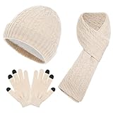 Wintermütze, Schal, Handschuhe, gestrickt, 3 Sets, beige, Einheitsgröße