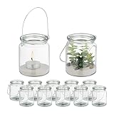 Relaxdays Windlicht Glas, 12er Set, Teelichthalter mit Henkel, HxD: 9,5 x 8...
