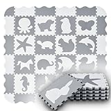 Juskys Kinder Puzzlematte Timon 36 Teile mit 16 Tieren in grau weiß -...