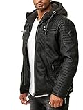 Robuste Lederjacke Kunstleder Bikerjacke mit abnehmbarer Kapuze Schwarz 3XL