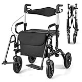 COSTWAY Rollator mit Luftbereifung, faltbar und leicht mit Sitz, 2 in 1...