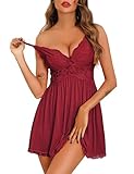 Vlazom Damen Sexy Nachthemd Spitzen Negligee V-Ausschnitt Schlinge...