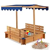 DREAMADE Sandkasten 120 x 120 cm, Sandkasten aus Holz mit Dach & 2...