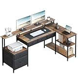 Seventable Schreibtisch L Form, Computertisch mit Steckdose, LED &...