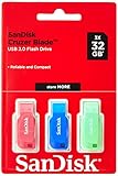 SanDisk 32GB Cruzer Blade USB Flash Drive , Blue/Pink/Green, 3count(Pack of...