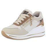 VAN HILL Damen Sneaker Wedges Keilabsatz Glitzer Trendy Schuhe 215231 Beige...