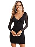 DIDK Damen Netz Ärmel Kleider Bodycon Tief V-Ausschnitt Bleistiftkleid...