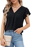 BUNSLOOM Damen Bluse Chiffon Sommer Kurzarm V-Ausschnitt Puff Ärmel Casual...