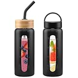 HYDRAGLAZIC 600ML Trinkflasche aus Glas, Glasflasche mit 2 Deckeln und...