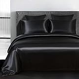 Omela Satin Bettwäsche Set 135x200 Schwarz Einfarbig Unifarben Glatt...