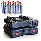 INTEC - Tragbarer Gaskocher, 2200 W + 8 Butangaskartuschen, ideal für...