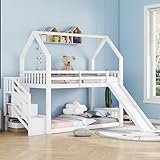 Yaheeda Kinderbett mit Stauraumtreppe und Rutsche – Etagenbett Hausform...