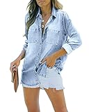 Feziakuk Damen Jeanshemd Button Down Jeansbluse Langarm Weich Denim Hemd...