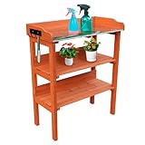 Pflanztisch aus Holz mit 3 Ablagen, Gartentisch mit Metallablage und...