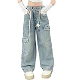 Mjjsk Baggy-Jeans für Mädchen, weites Bein, elastisch, hohe Taille,...