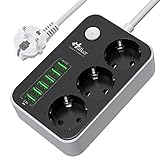 Mehrfachsteckdose HULKER Steckdosenadapter 3 Fach/Steckdosen 6 USB...
