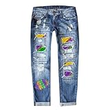 Damen Festival-Hose, gerades Bein, Roll-Up-Jeans, Rave, Karneval, bedruckt,...