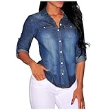 Damen Jeans Bluse Button Down Langarm Casual Elegant Blusenshirt Hemdbluse...
