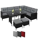 Montafox Poly Rattan Ecklounge 7 Personen Eckbank Tisch 2 Hocker Sitzkissen...