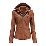 E-girl Damen Braun Lederjacke Schlank Kurz Kunstleder Kapuze Jacket...