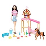 Barbie Spielzeugstall-Spielset mit Modepuppe, kleinem Spielzeugpony und...