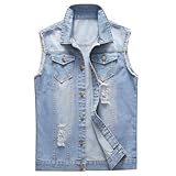 KUDORO Herren Denim Weste Zerrissen Jeansweste Ärmellose Biker Casual...
