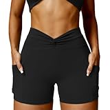 Litthing Damen-Sportshorts mit Taschen, gerüscht, Geraffte Shorts, hohe...