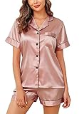 Vlazom Damen Satin Schlafanzug Kurzarm Satin Pyjama Set mit Knopfleiste...