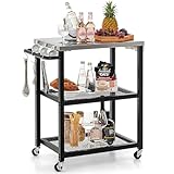 COSTWAY Grillwagen Outdoor, Grilltisch mit 3 Ablagen & 4 Rädern & Griff &...