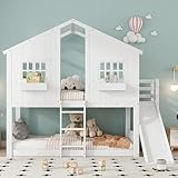 I0I&I0I Kinder-Etagenbett 90x200cm mit Rutsche, Dach, Fenstern,...