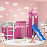 OHOOWOO Kinderhochbett mit Turm Rosa 90x190 cm Massivholz...