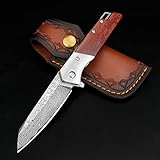 KOMWERO Damast Taschenmesser Klappmesser mit Gürtelclip, Scharf...